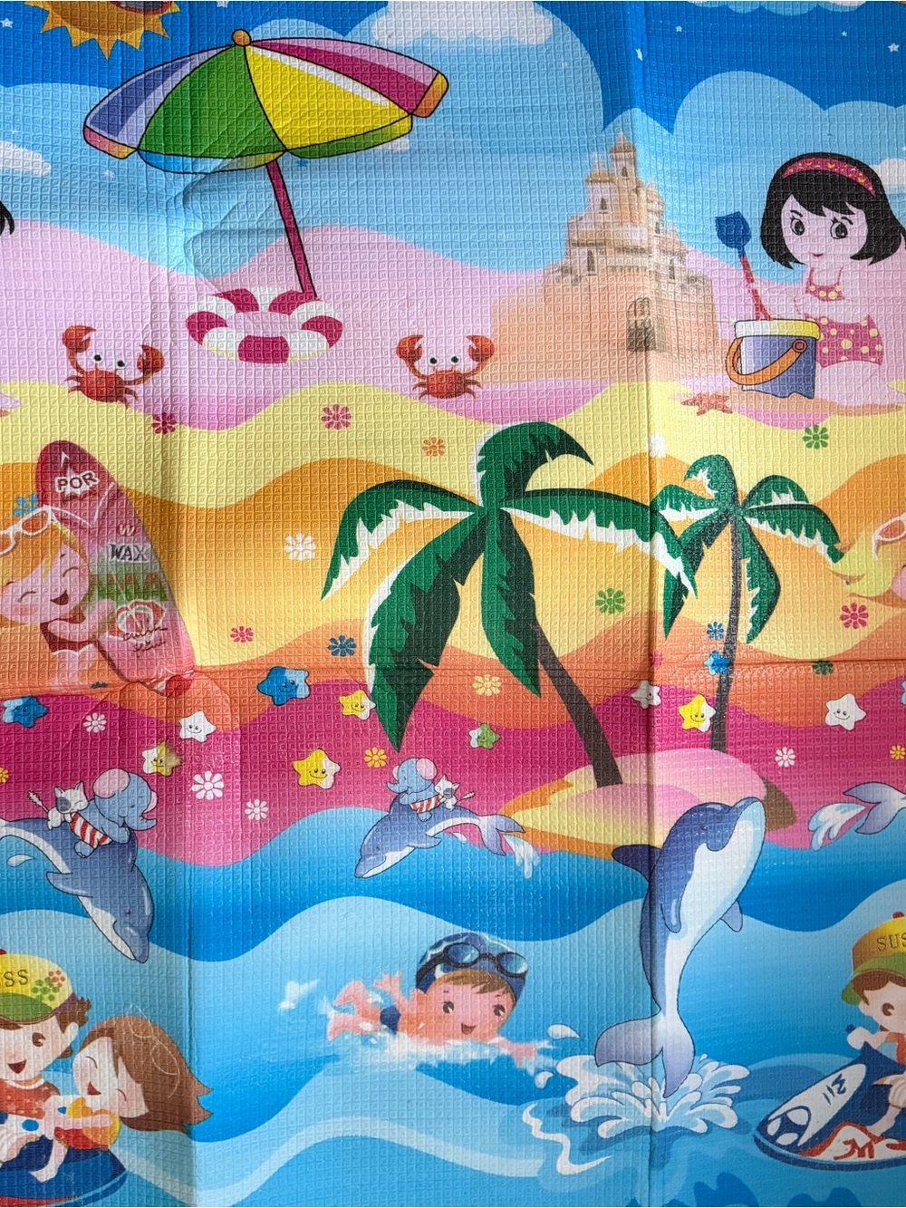 Vibrant Kids Beach Play Mat with Dolphins and Palm Trees